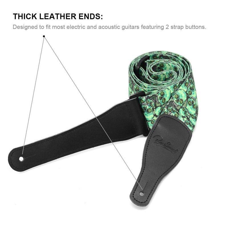 BestSounds Skull Guitar Strap & Genuine Leather Ends Guitar Shoulder Strap,Suitable For Bass, Electric & Acoustic Guitars (Skull Green) - Image 3